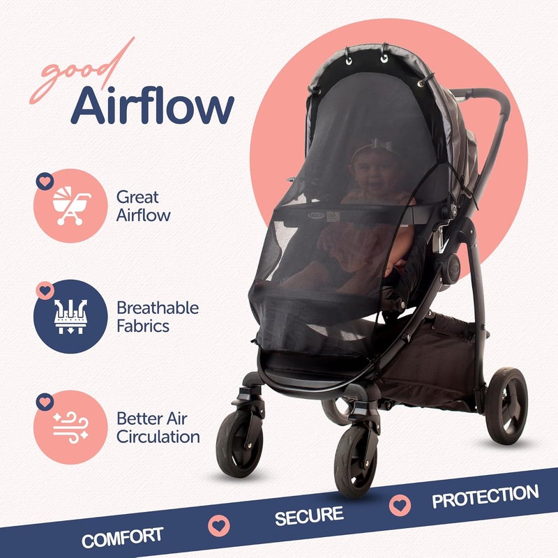 IntiMom Stroller Sun Shade - Universal UV Protection Cover for Strollers Sunshade with See Through, Clip-On Sun Blocker, Sun Shield for Baby, Breathable Adjustable Fit, Full Coverage, L Black - Image 3